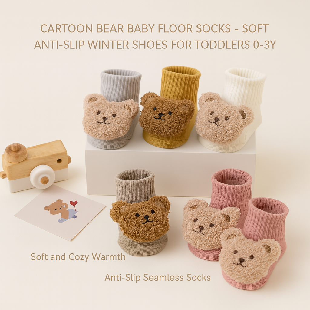Cartoon Bear Baby Floor Socks – Soft Anti-Slip Winter Shoes for Toddlers 0–3Y
