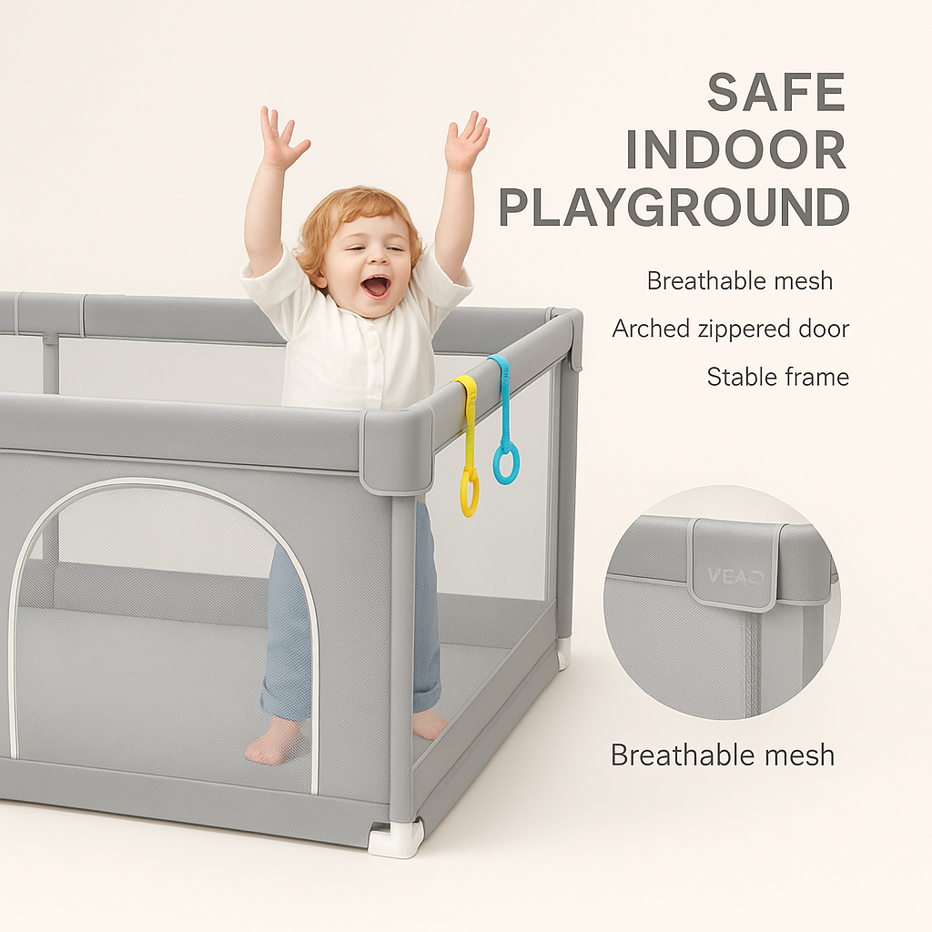 Baby Playpen – Safe Indoor Playground with Pull Rings and Soft Fabric Fence