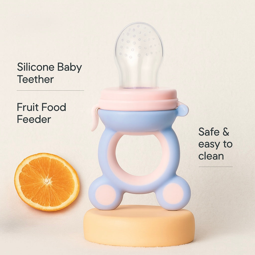 Silicone Baby Teether & Fruit Food Feeder – BPA Free Nibbler Pacifier with Handle Clip