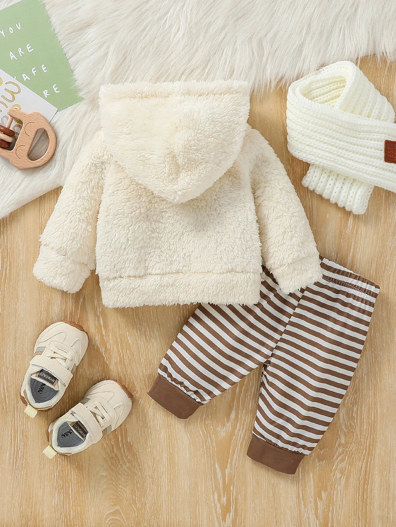 Baby Boy Winter Plush Hooded Coat & Striped Pants Set – 2PC Outfit for Newborn to 6M