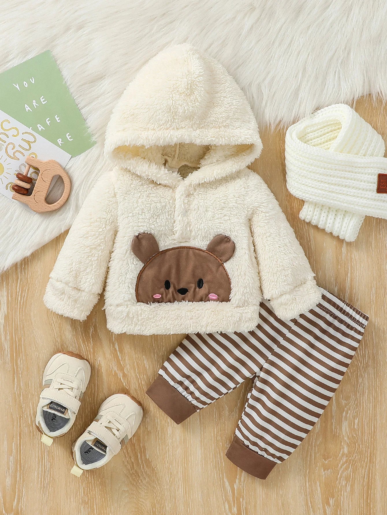 Baby Boy Winter Plush Hooded Coat & Striped Pants Set – 2PC Outfit for Newborn to 6M