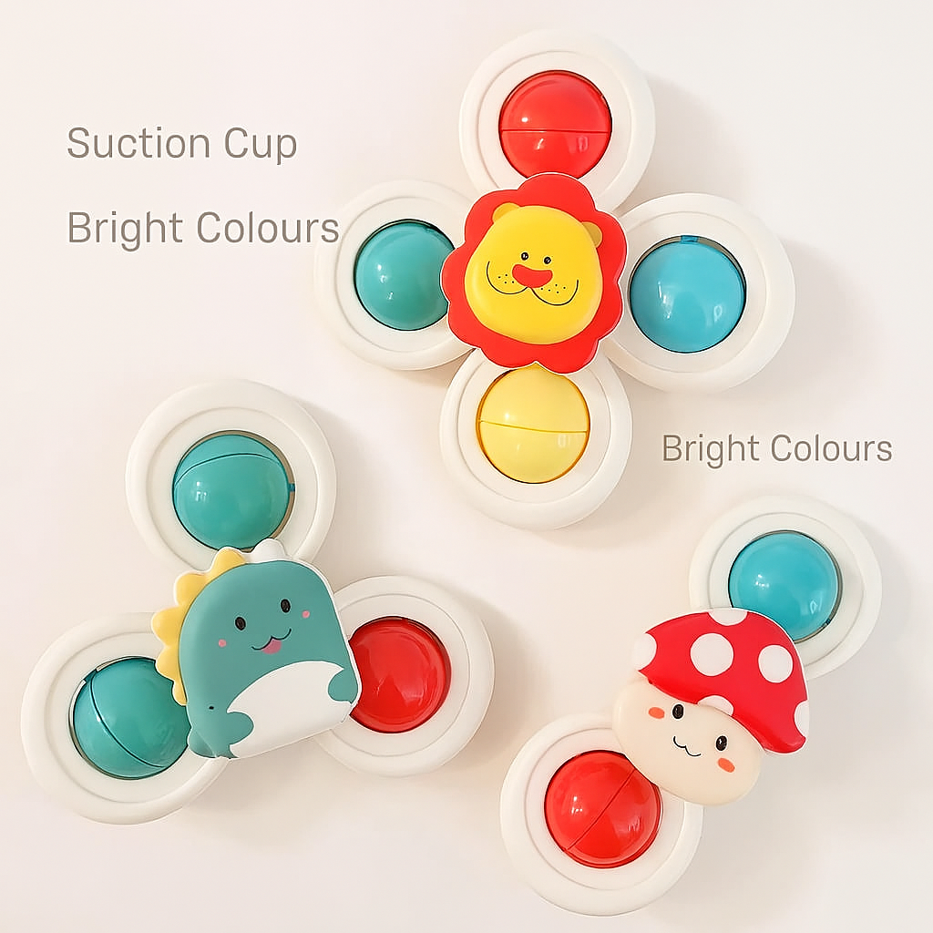 3PCS Suction Cup Animal Spinner Toys for Toddlers – Bath, Travel, High Chair & Window Play