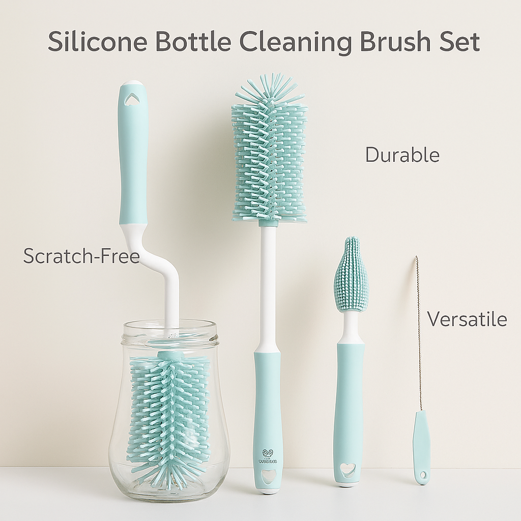 360° Silicone Bottle Cleaning Brush Set for Baby Bottles, Straws & Pacifiers – Eco-Friendly Tools