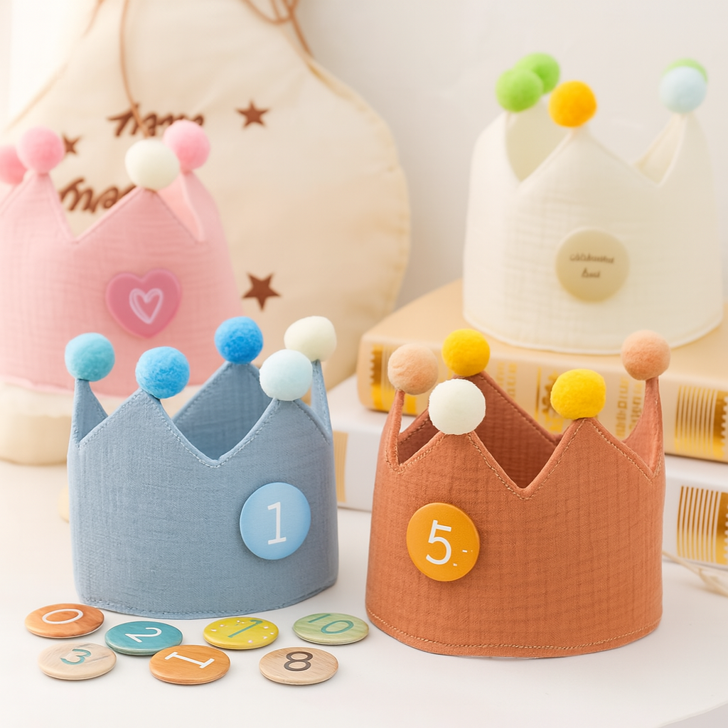 Baby Birthday Crown Hat – Cotton Headband for Kids Aged 0–9 Years
