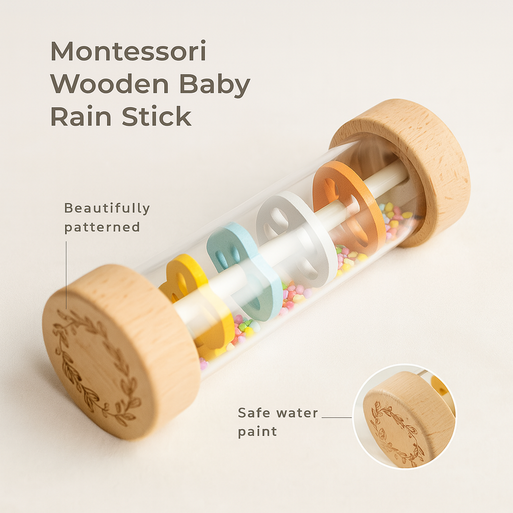 Montessori Wooden Baby Rain Stick – Colourful Sensory Rattle Toy