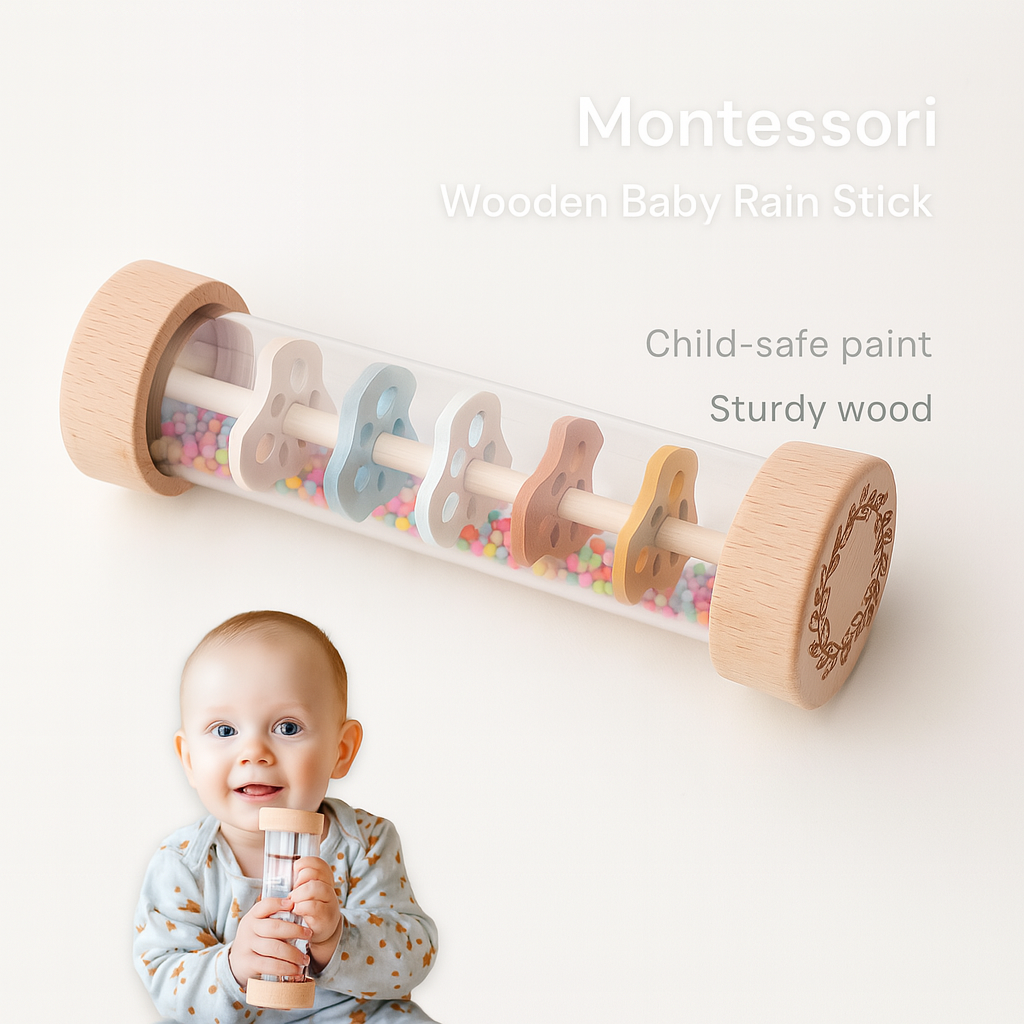 Montessori Wooden Baby Rain Stick – Colourful Sensory Rattle Toy