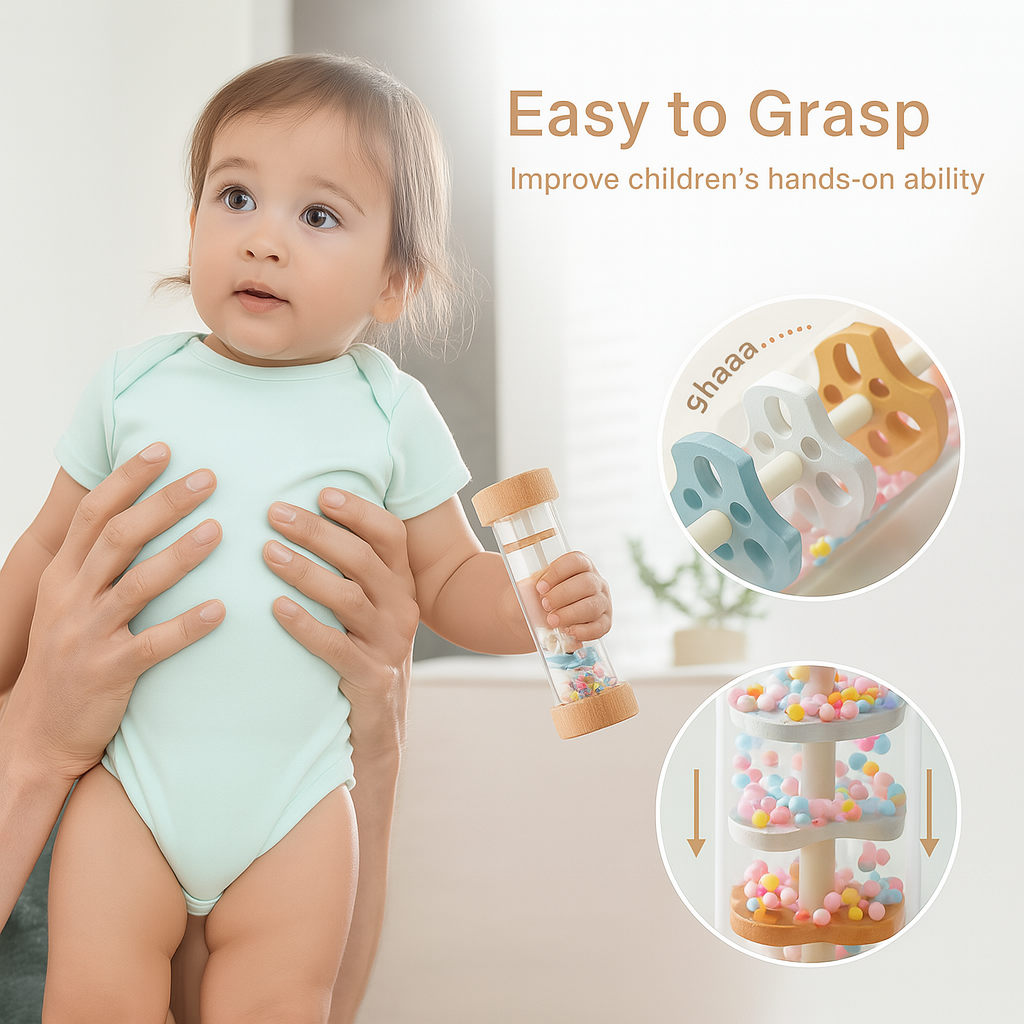 Montessori Wooden Baby Rain Stick – Colourful Sensory Rattle Toy