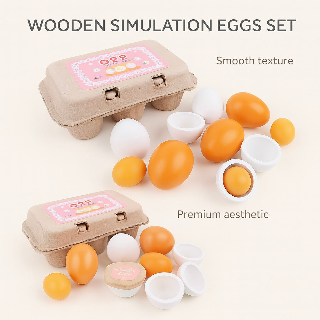 6pcs Wooden Simulation Eggs Set – Montessori Pretend Play Kitchen Toys for Kids