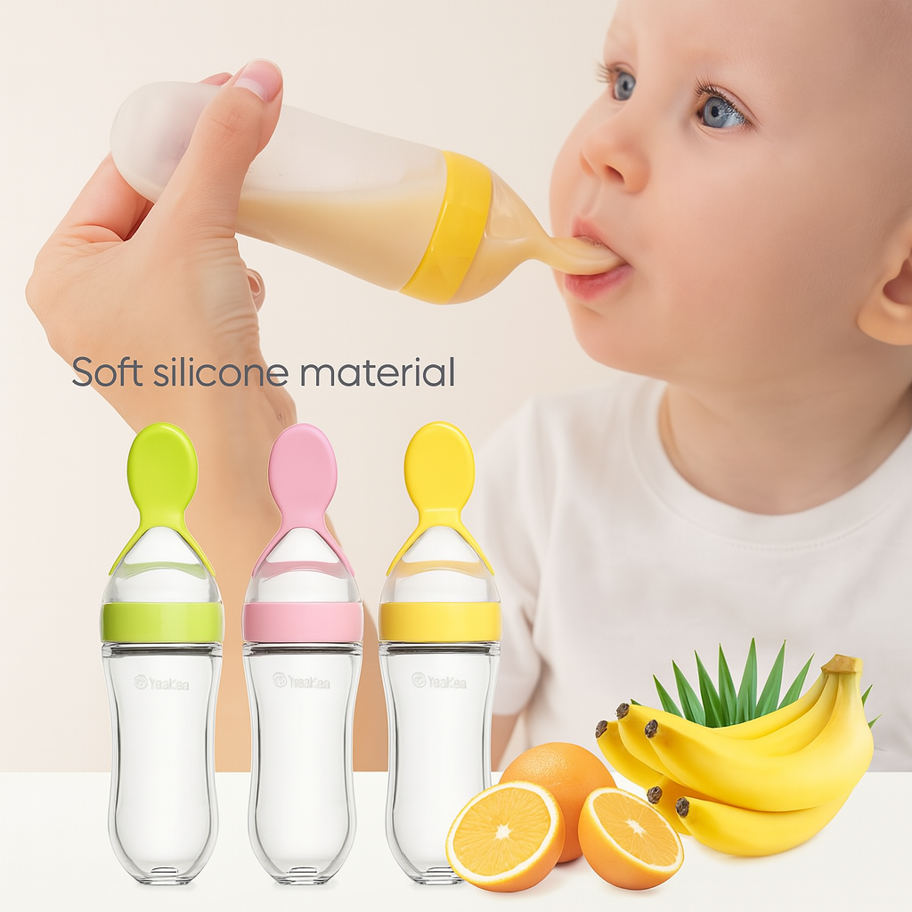 Silicone Baby Bottle with Spoon – Safe Squeeze Feeder for Rice Cereal & Milk Feeding