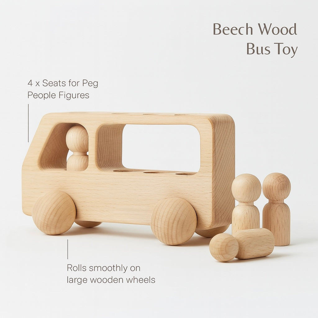 Beech Wood Bus Toy – Montessori Wooden Vehicle for Learning & Teething