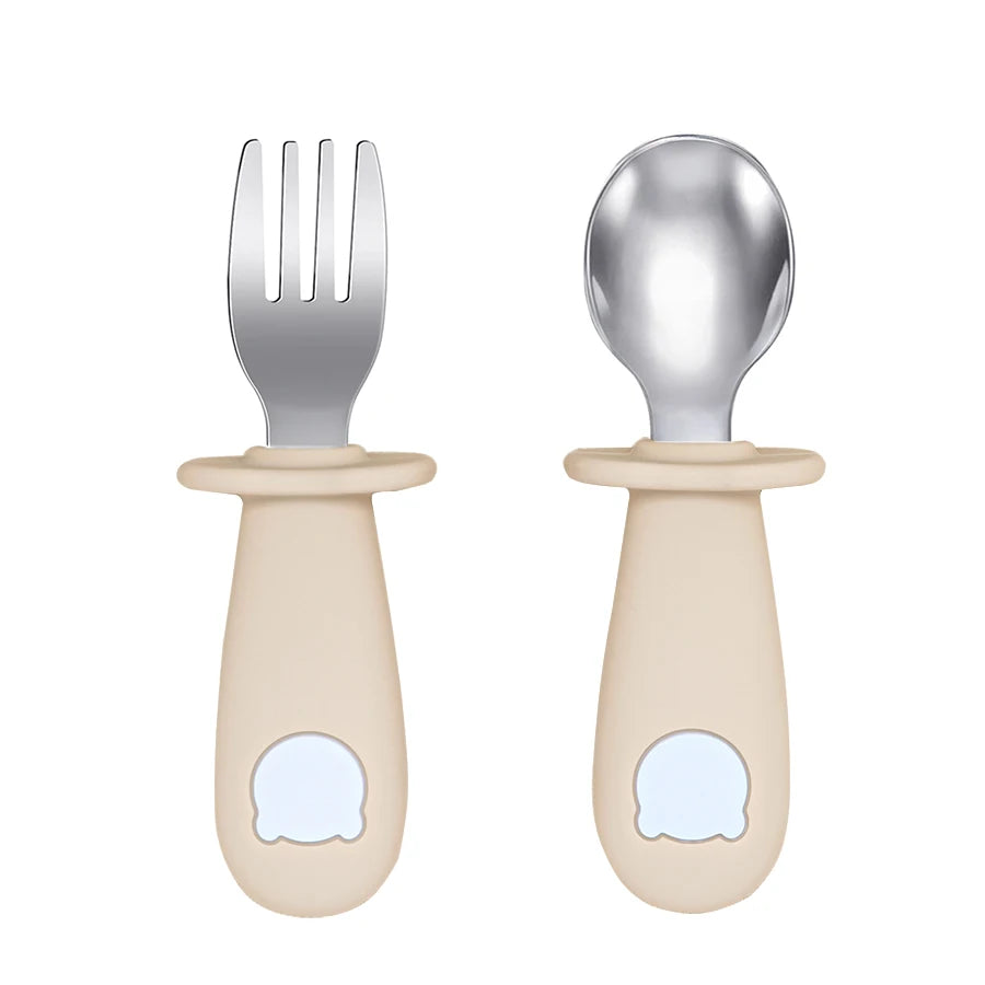 Cartoon Bear Baby Spoon and Fork Set – BPA-Free Silicone & Stainless Steel Utensils for Weaning