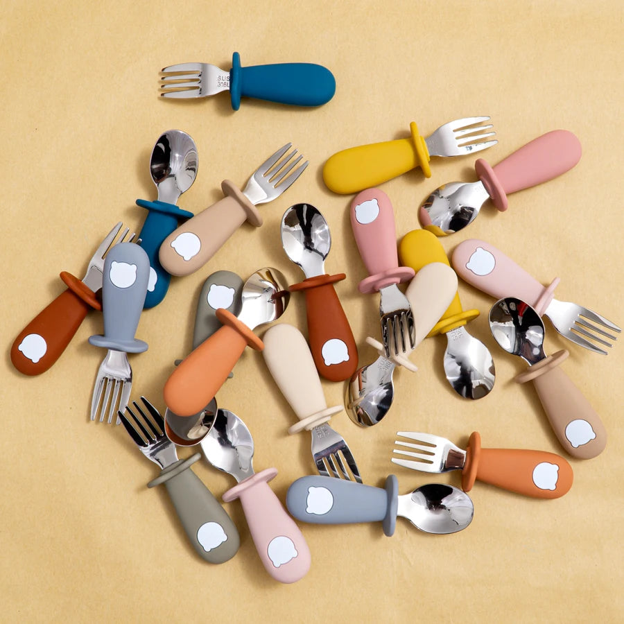 Cartoon Bear Baby Spoon and Fork Set – BPA-Free Silicone & Stainless Steel Utensils for Weaning