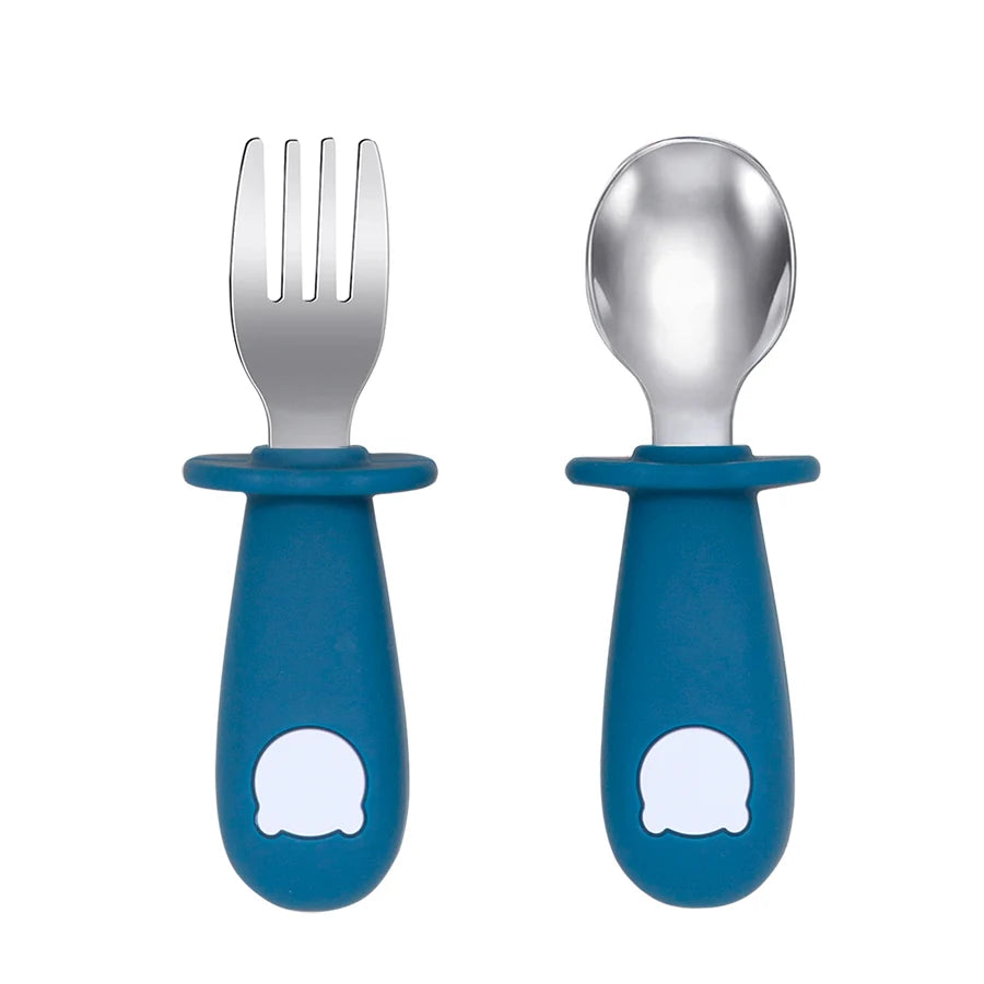 Cartoon Bear Baby Spoon and Fork Set – BPA-Free Silicone & Stainless Steel Utensils for Weaning