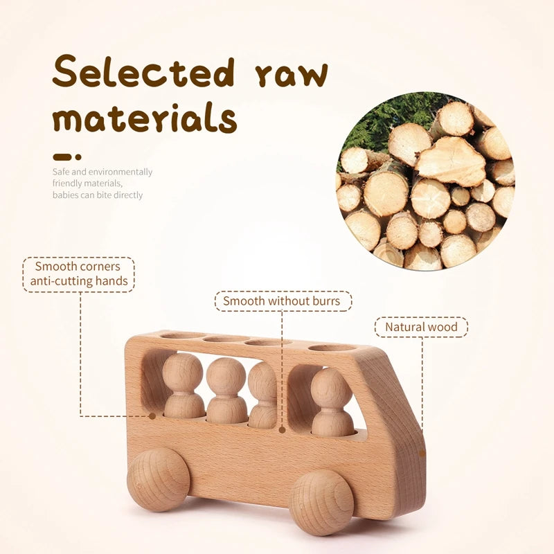 Beech Wood Bus Toy – Montessori Wooden Vehicle for Learning & Teething