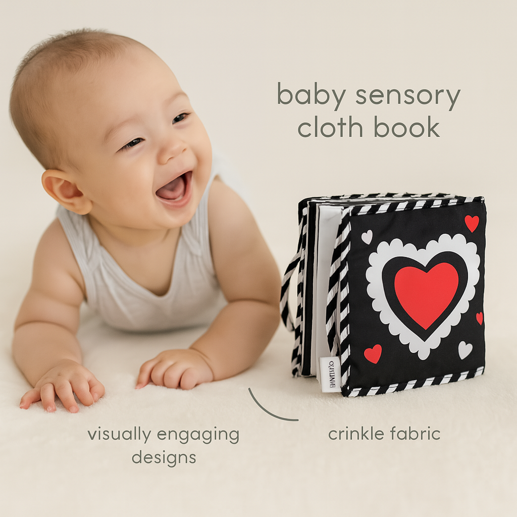Baby Sensory Cloth Book – High Contrast Black & White Crib Toy for Newborns