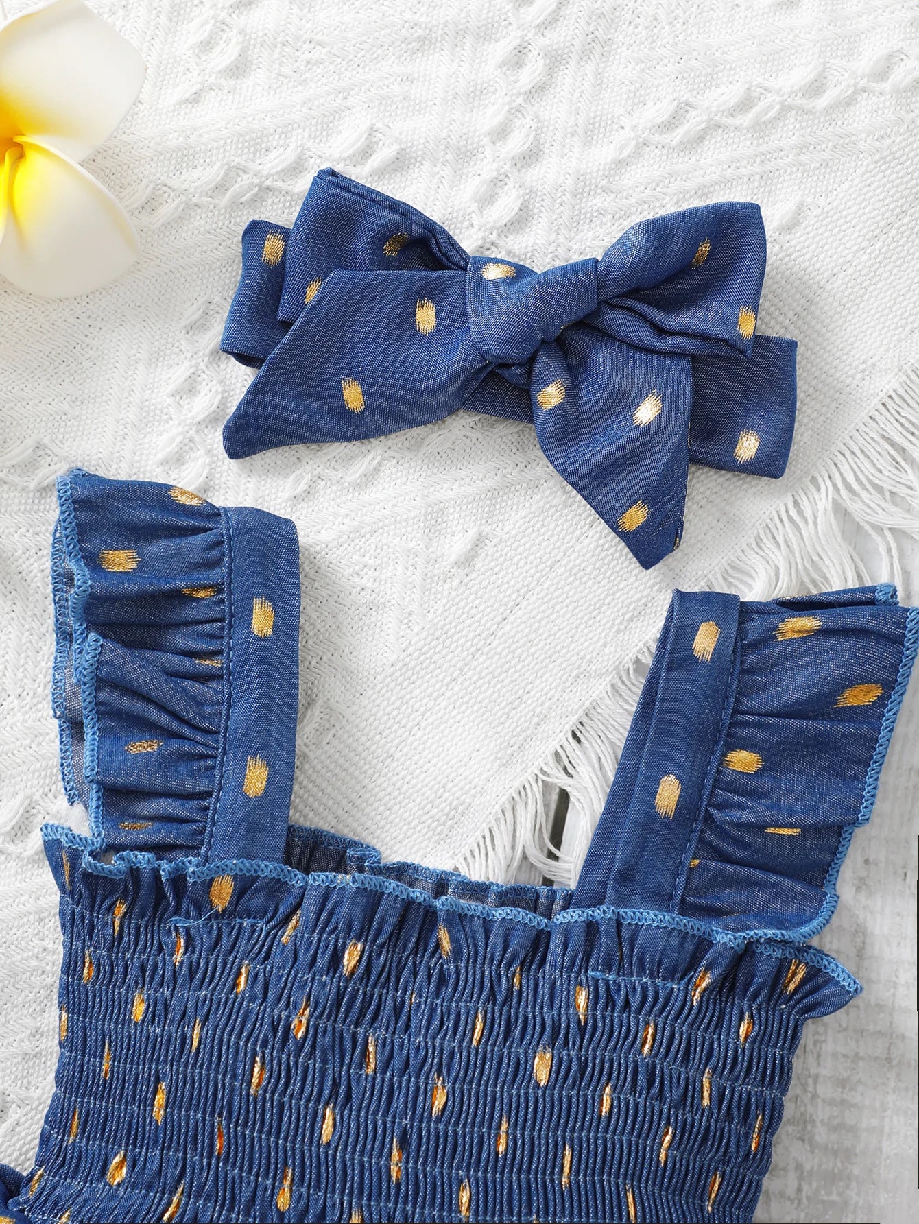 Baby Girl Blue Dress with Golden Dots & Headband – 2PCS Summer Party Outfit (3–24M)