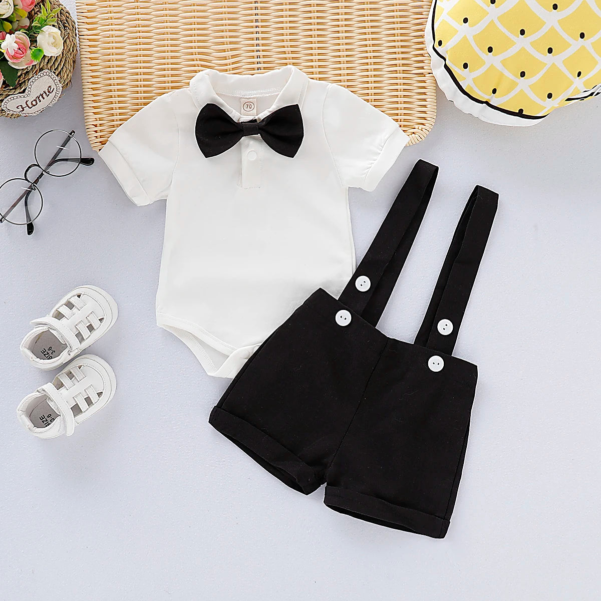 Mini Gentleman Baby Boy Outfit – Summer Formal Shirt & Shorts Set with Bowtie (0–1Y)