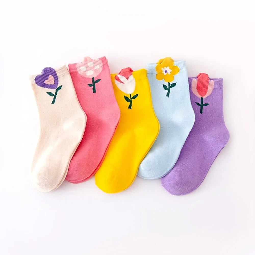 5 Pairs Girls Floral Socks – Cute Breathable Cartoon Flower Pattern Kids Socks for 1–12Y