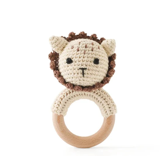 Baby Rattle – Crochet Animal Bear with Wooden Teether Ring | Soft Montessori Pram Toy for Newborns