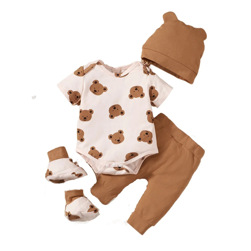 4PCS Bear Print Baby Boy Clothing Set with Bodysuit, Pants, Hat & Socks 0–9 Months