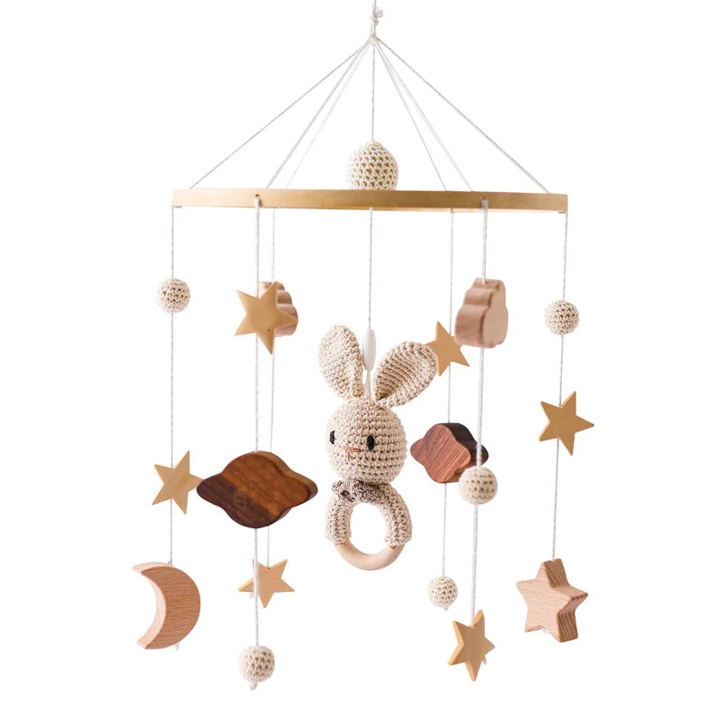 Baby Wooden Crib Mobile with Cartoon Rabbit Rattles | Bed Bell Toy & Arm Bracket for Newborns