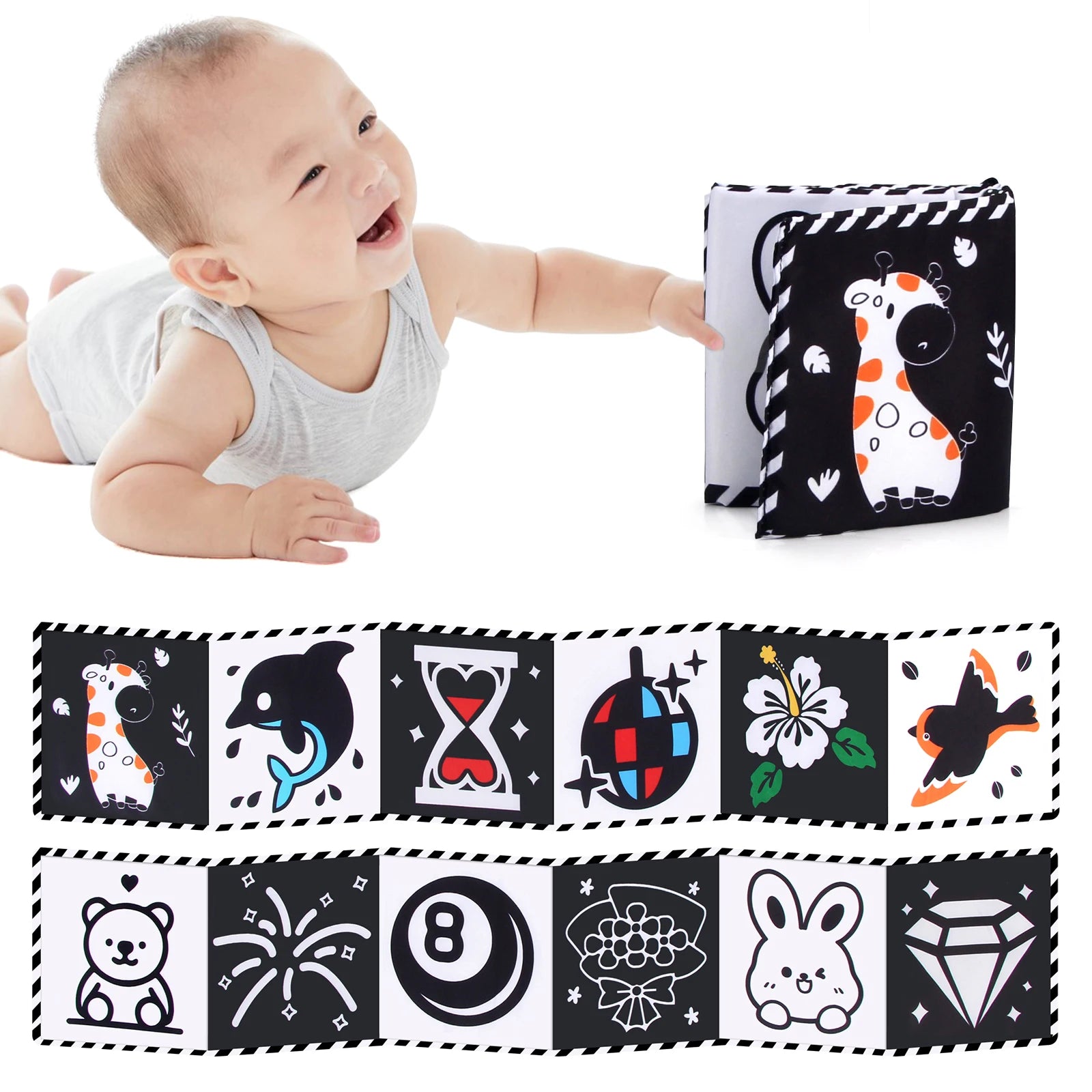 Baby Sensory Cloth Book – High Contrast Black & White Crib Toy for Newborns