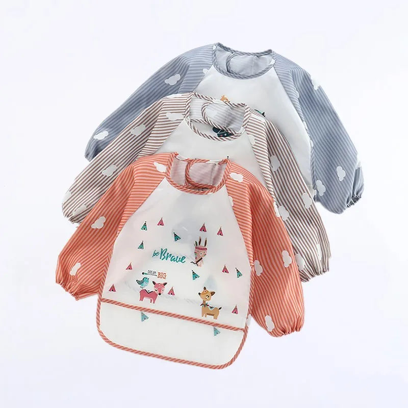 Waterproof Cartoon Baby Bib – Long Sleeve Feeding Apron with Pocket for 0–3Y