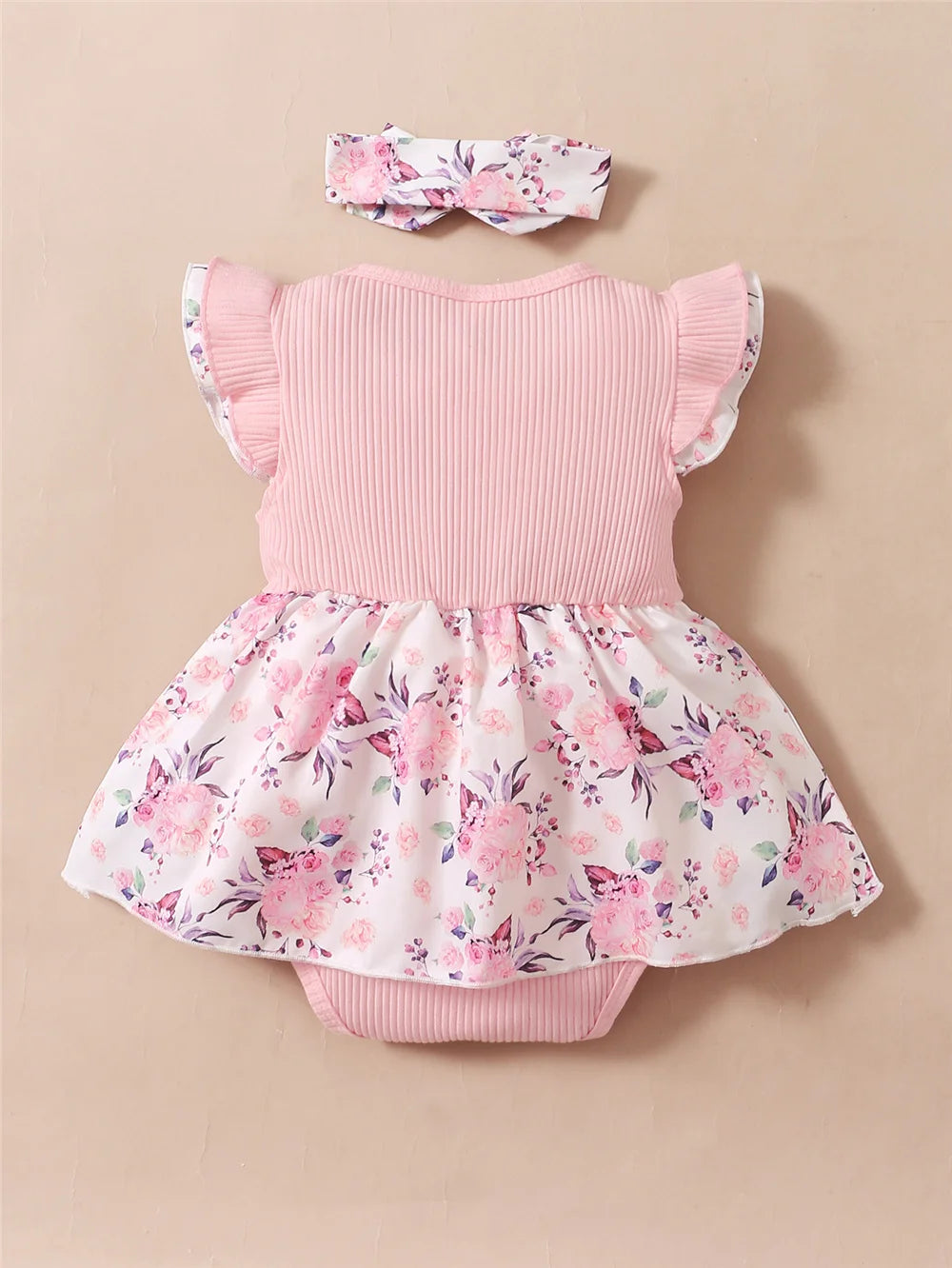 Baby Girl Floral Romper Dress Set – 2PCS Summer Outfit with Headband (0–18 Months)