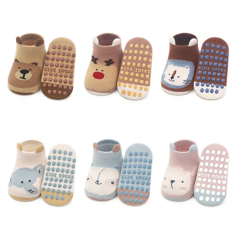 6 Pairs Cartoon Animal Baby Socks – Non-Slip Breathable Cotton Floor Socks for Boys & Girls 0–6Y