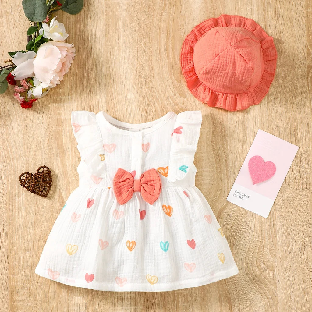 2PCS Baby Girl Dress Set – Love Print Sleeveless Dress with Hat (0–9 Months)