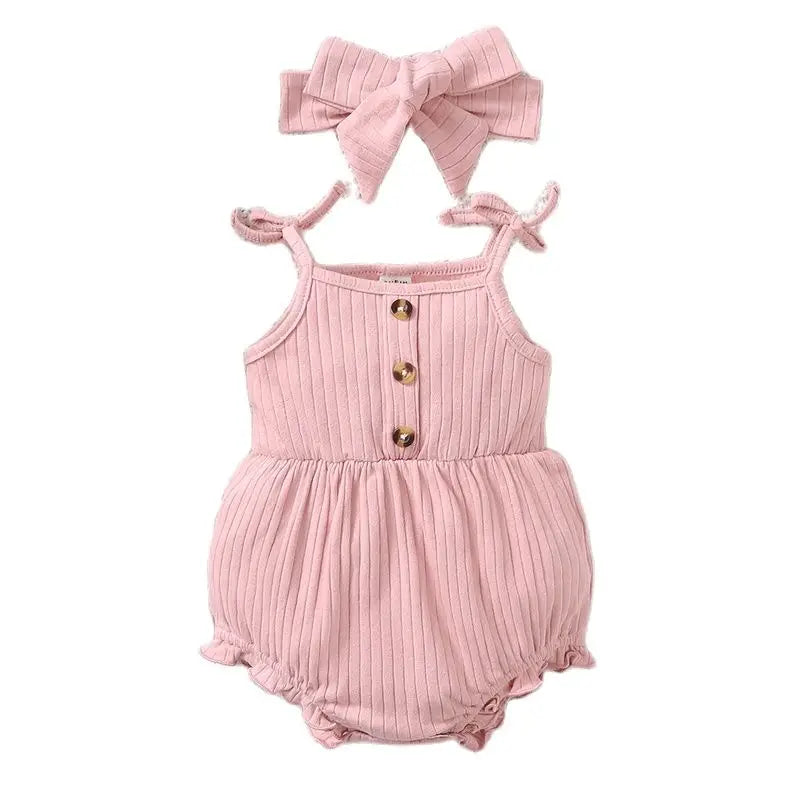 2PCS Pink Suspender Baby Girl Romper Set with Headband (0–9 Months)