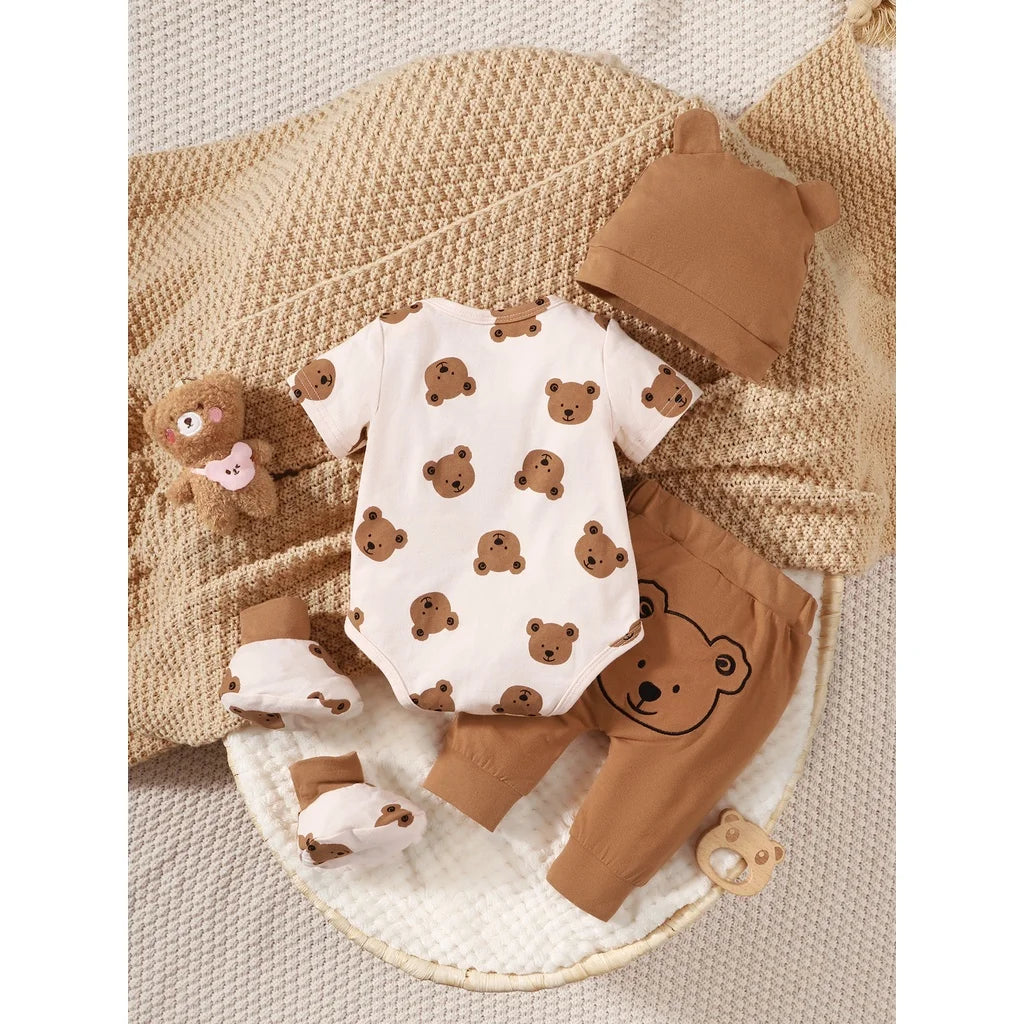 4PCS Bear Print Baby Boy Clothing Set with Bodysuit, Pants, Hat & Socks 0–9 Months