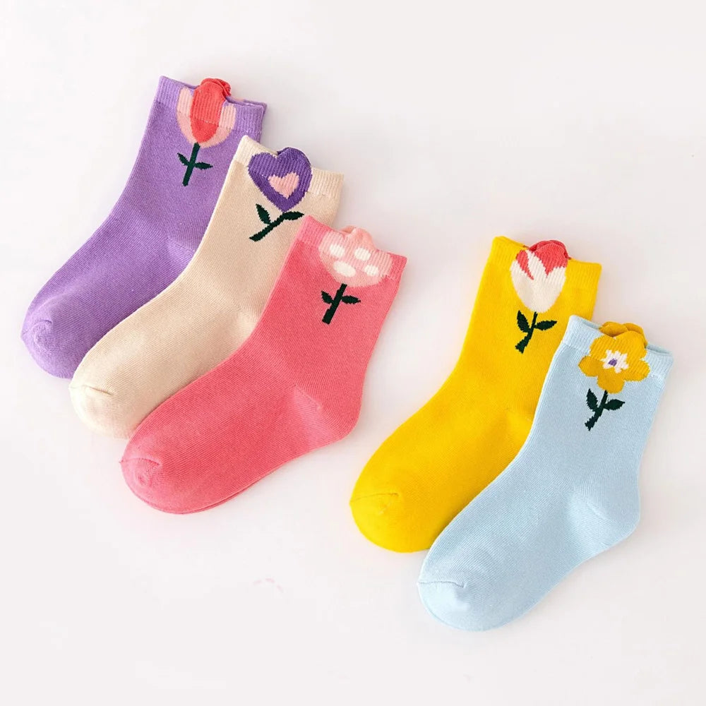 5 Pairs Girls Floral Socks – Cute Breathable Cartoon Flower Pattern Kids Socks for 1–12Y