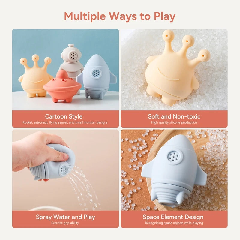 Silicone Baby Bath Toys – Cartoon Astronauts & Dinosaur Water Sprinkler