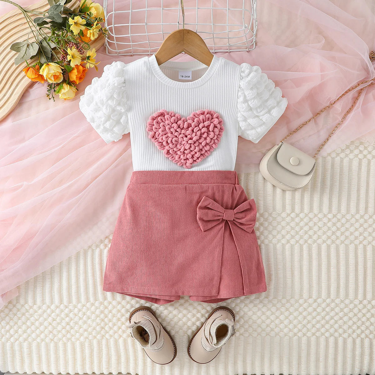 Toddler Girl Puff Sleeve Heart Top & Pink Shorts Set – Summer Outfit for 1–6 Years