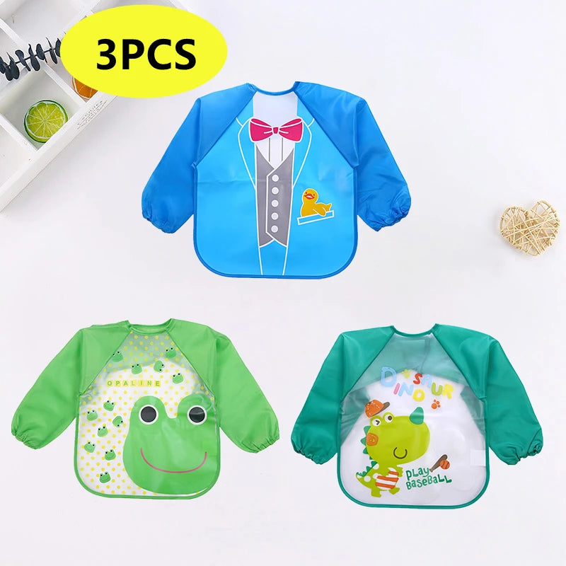 Waterproof Cartoon Baby Bib – Long Sleeve Feeding Apron with Pocket for 0–3Y