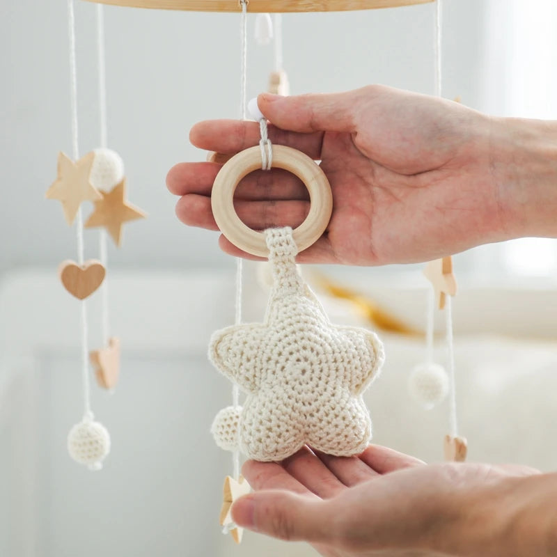 Wooden Crochet Star Baby Crib Mobile – Bed Bell Rattle Toy for Newborn Comfort and Sleep