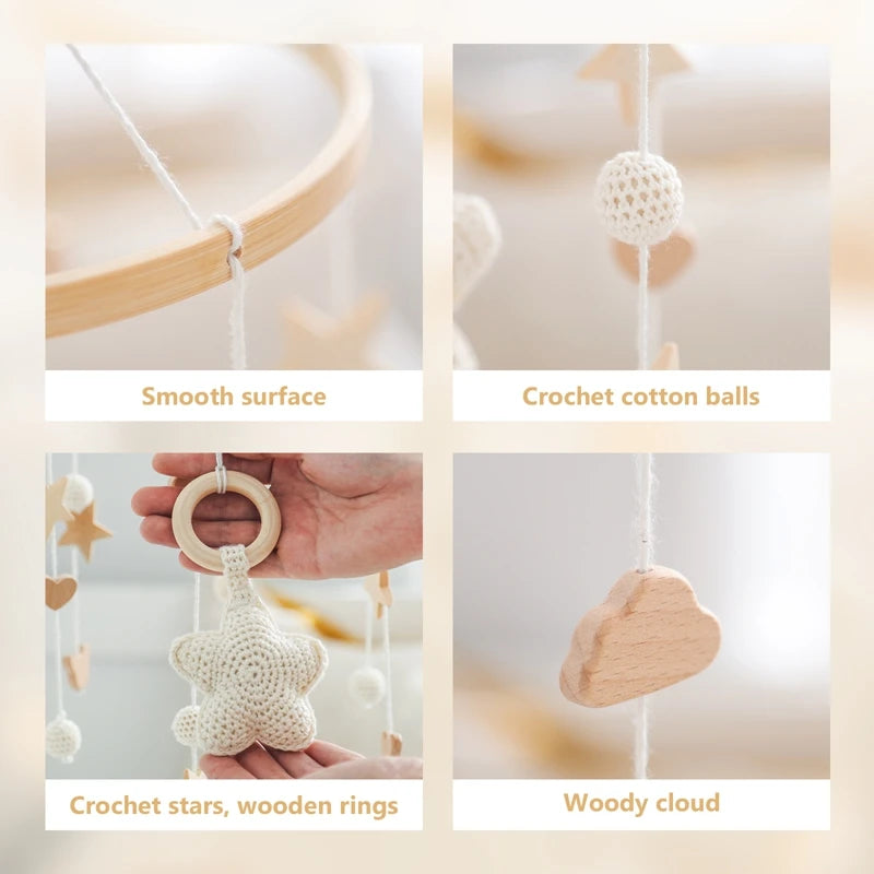 Wooden Crochet Star Baby Crib Mobile – Bed Bell Rattle Toy for Newborn Comfort and Sleep