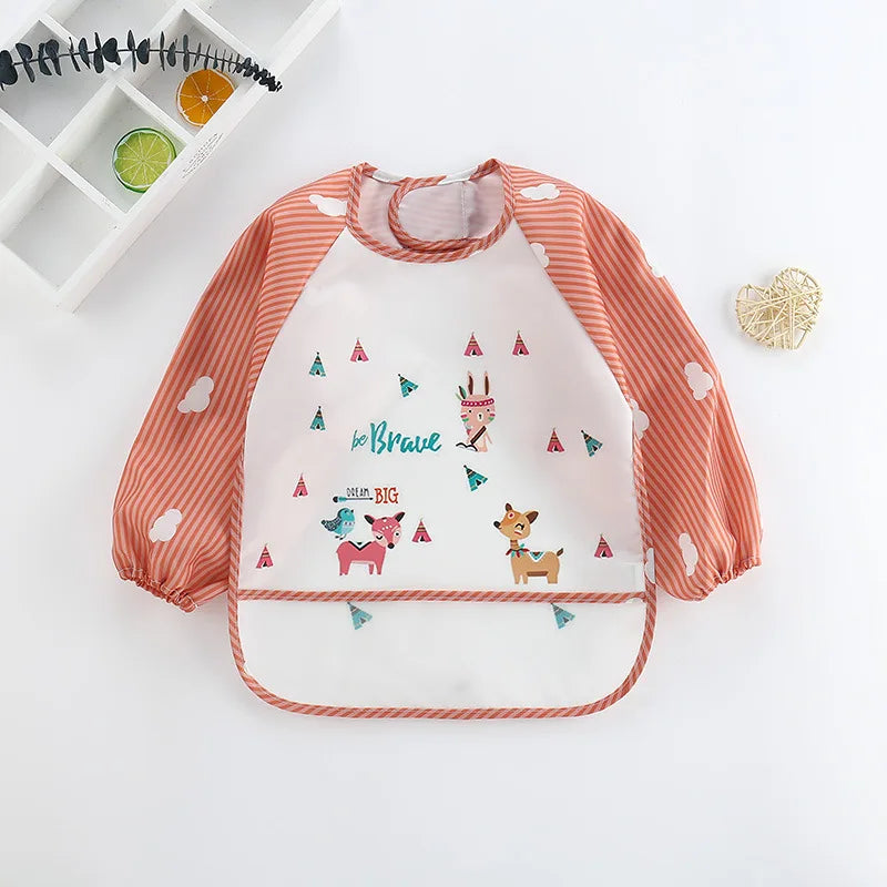 Waterproof Cartoon Baby Bib – Long Sleeve Feeding Apron with Pocket for 0–3Y