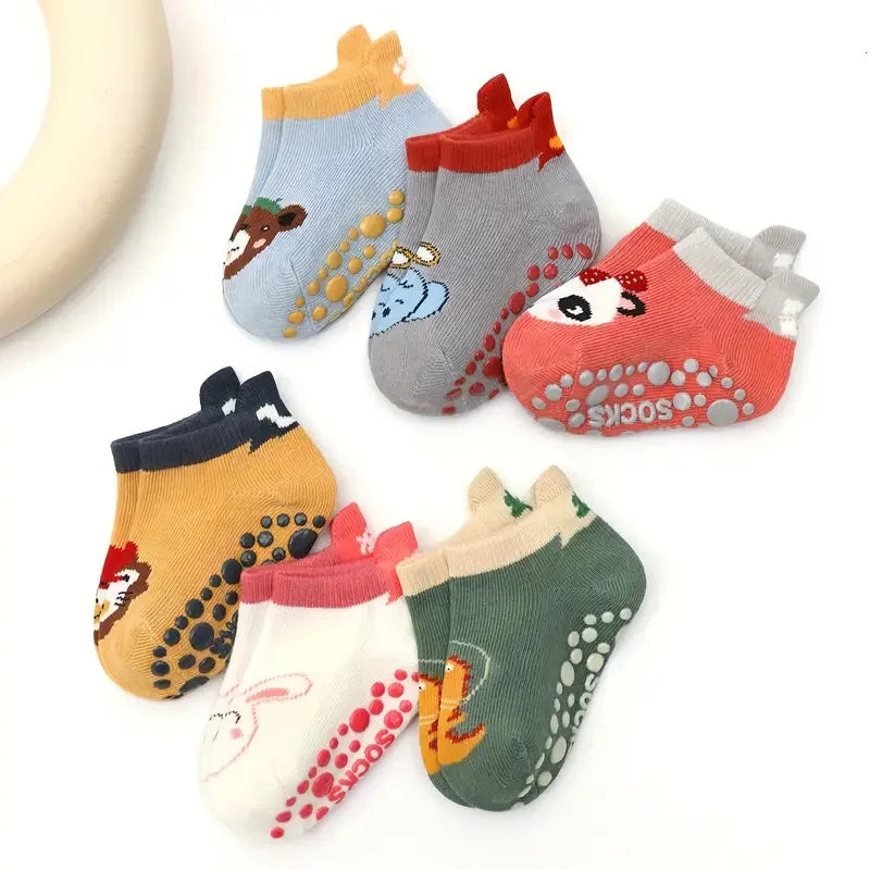 6 Pairs Cartoon Animal Baby Floor Socks – Breathable Cotton Non-Slip Grip Socks for Kids 0–6Y