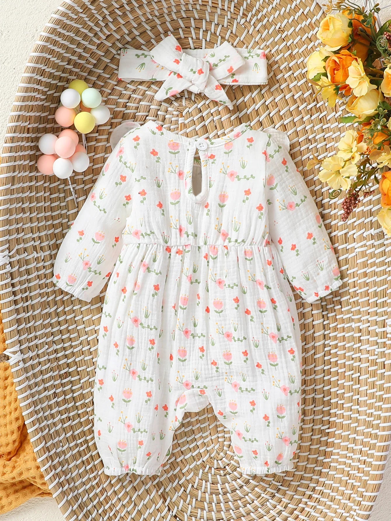 Floral Cotton Baby Jumpsuit with Bow and Headband – Long Sleeve All-Season Outfit for Girls
