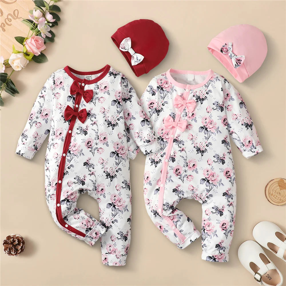 Baby Girl Floral Romper Set with Hat – Long Sleeve Jumpsuit Outfit (0–18 Months)