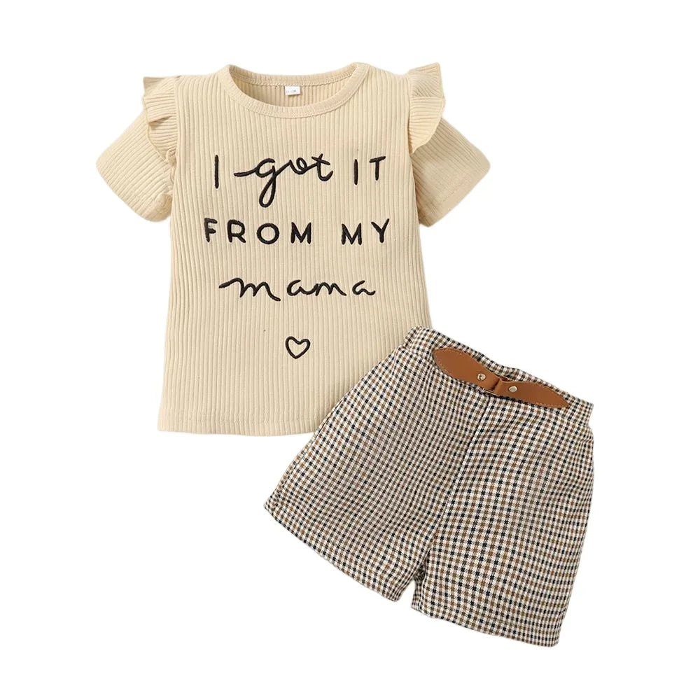 2PCS Summer Outfit for Toddler Girls – Letter Print Top and Checkered Shorts Set