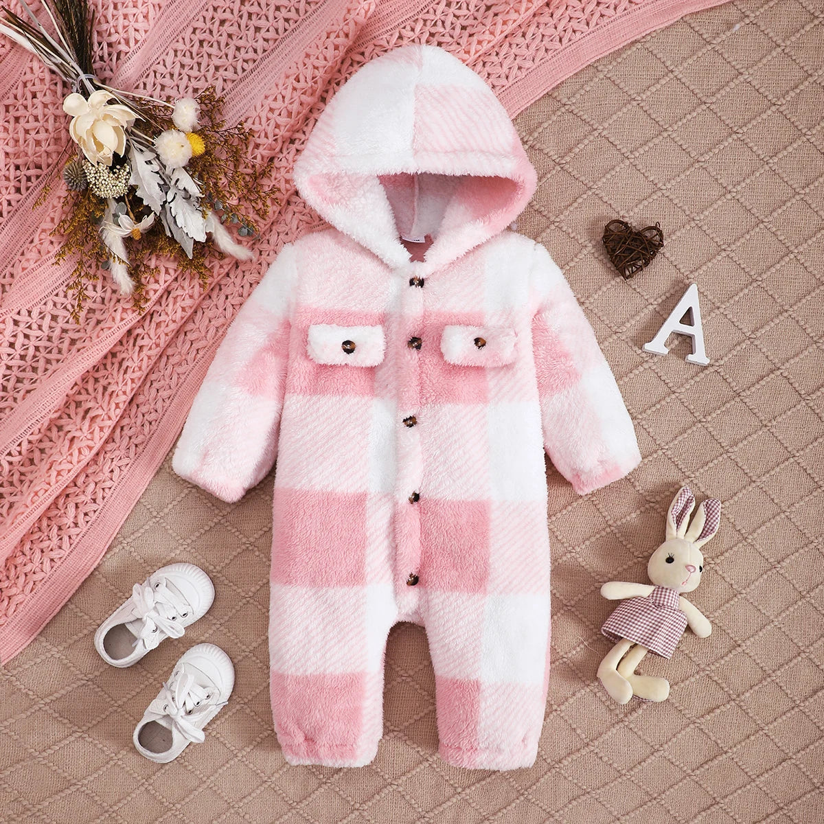 Baby Girl Plush Hooded Jumpsuit – Winter Checkered Romper (0–24M)