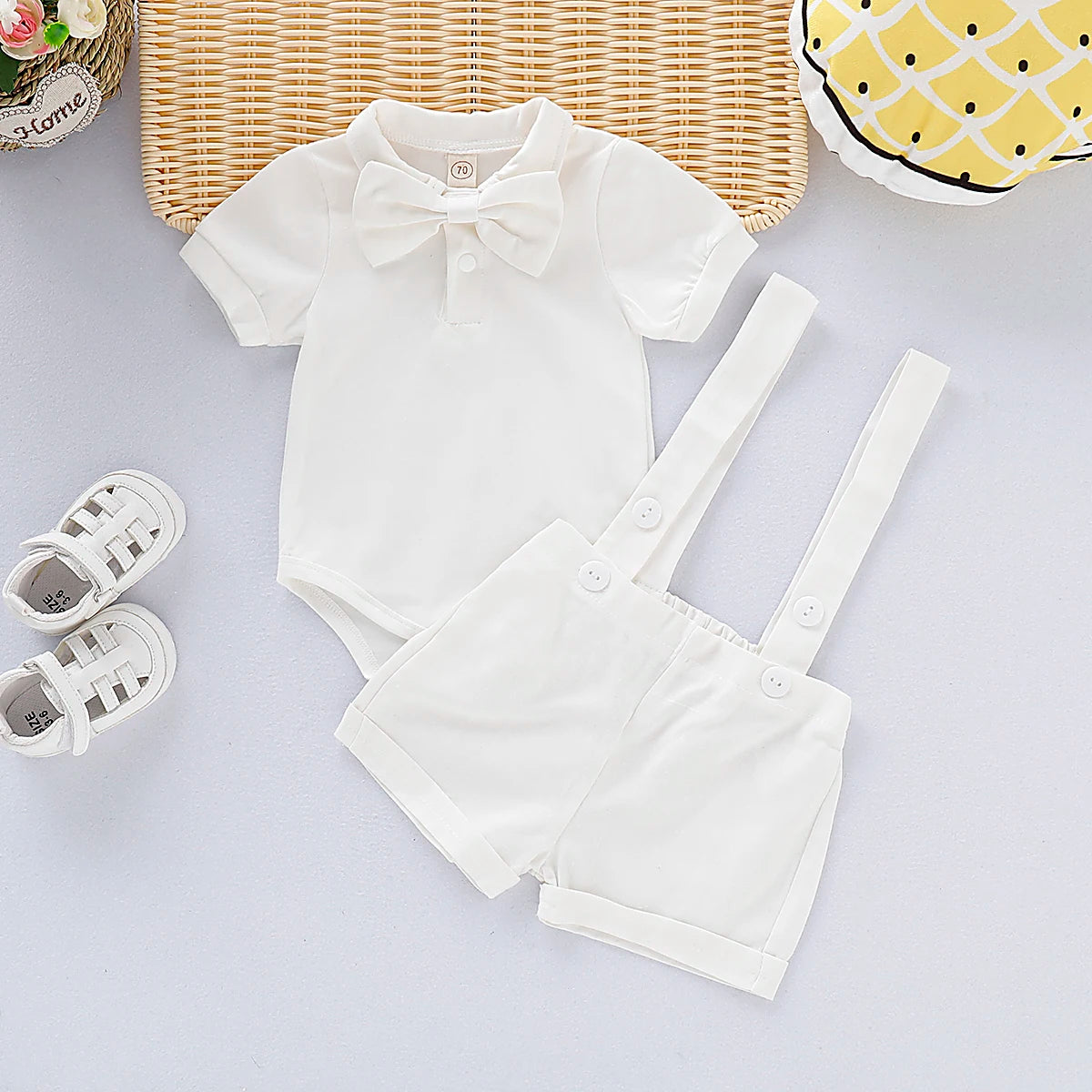 Baby Boy Summer Gentleman Outfit – Bowtie Romper & Suspender Pants Set (0–24M)