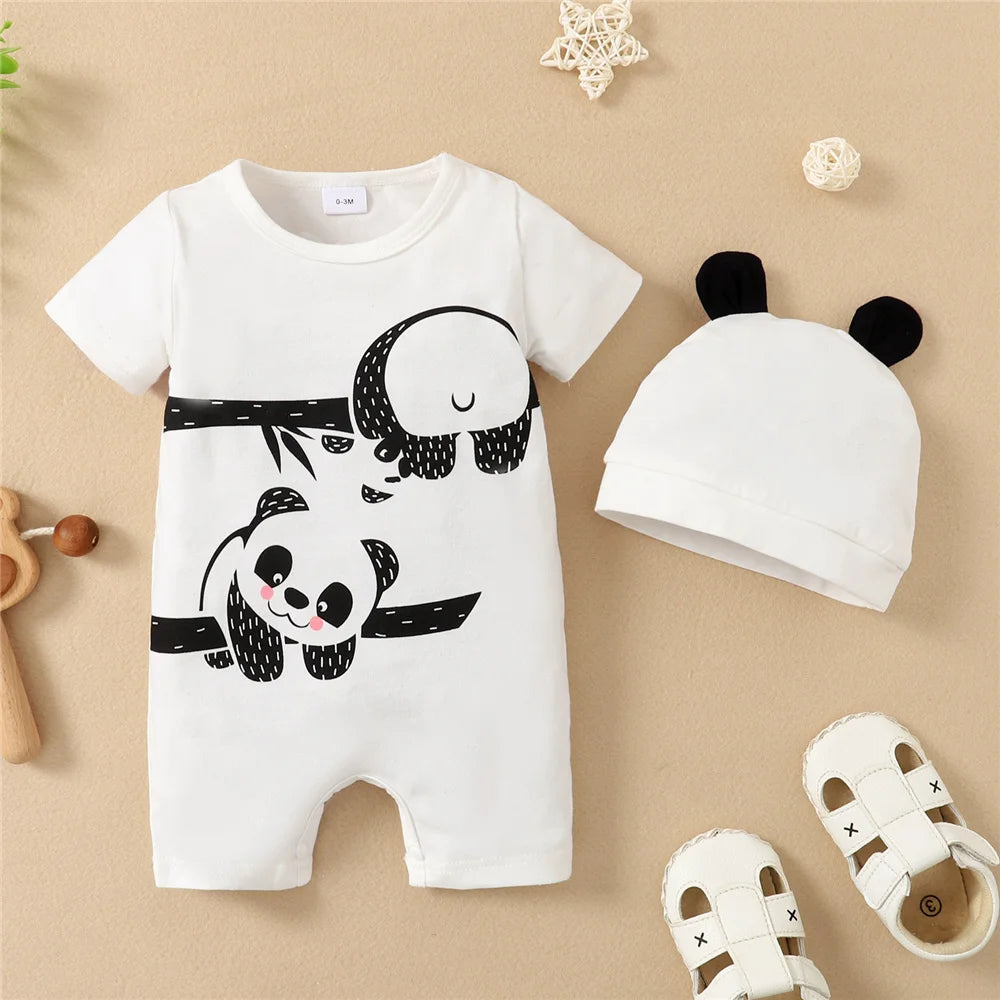 2PCS Baby Boy Panda Romper and Hat Set – Short Sleeve Summer Outfit 0–12 Months