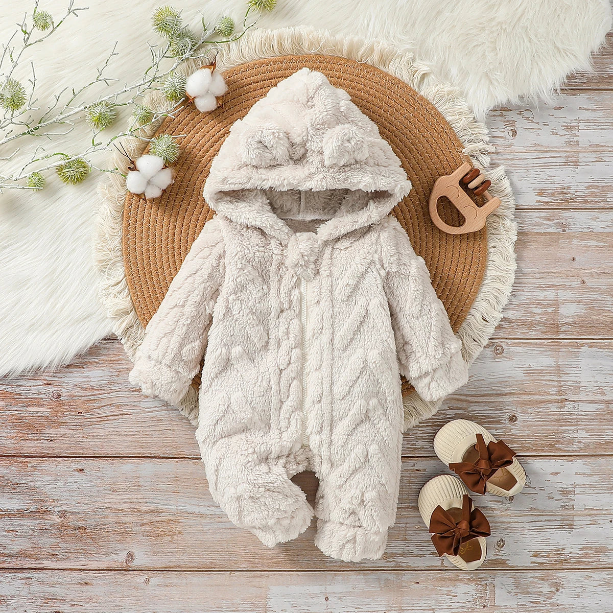 Baby Boys Winter Plush Zipper Hoodie Jumpsuit – Warm Long Sleeve Outfit for Newborns