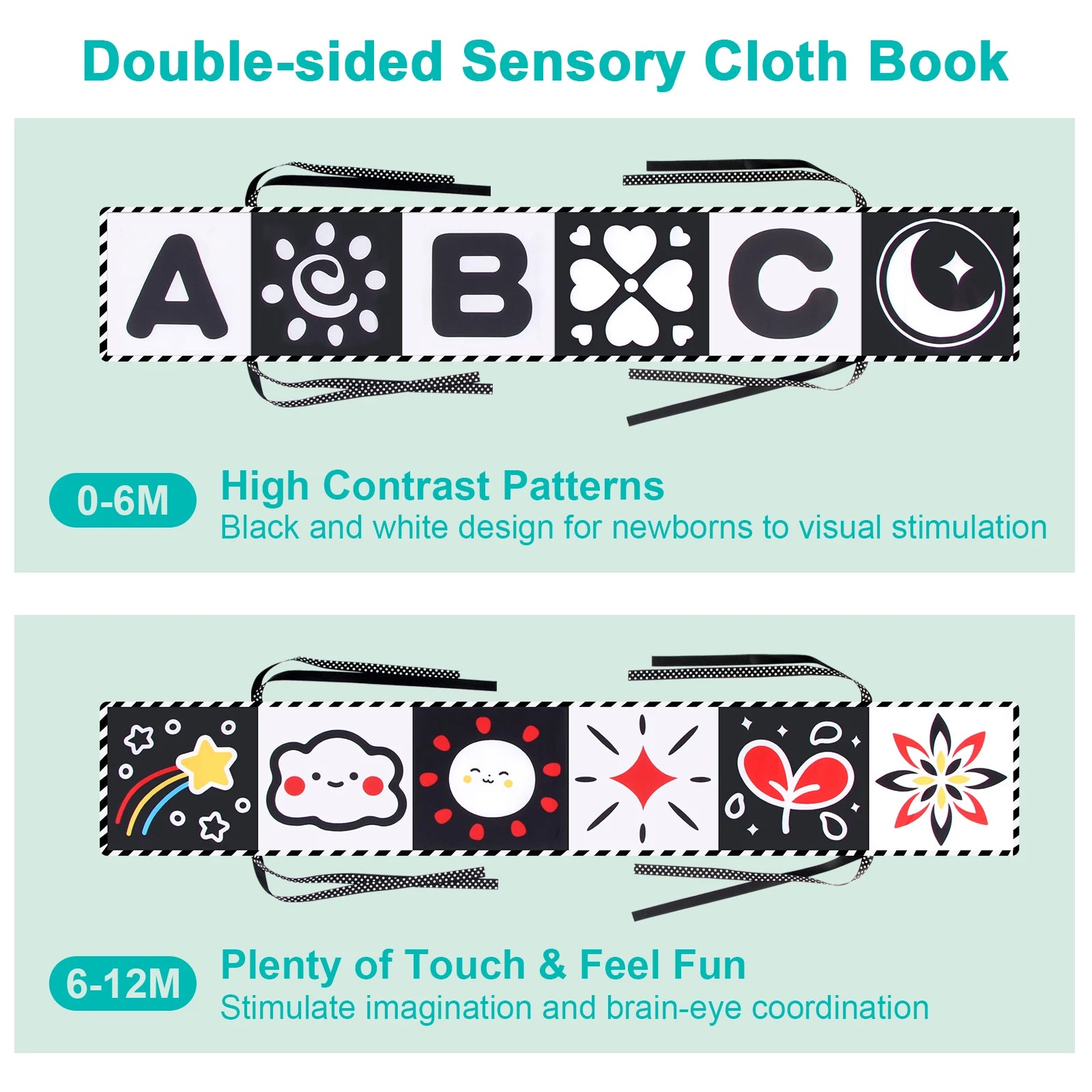 Baby Sensory Cloth Book – High Contrast Black & White Crib Toy for Newborns