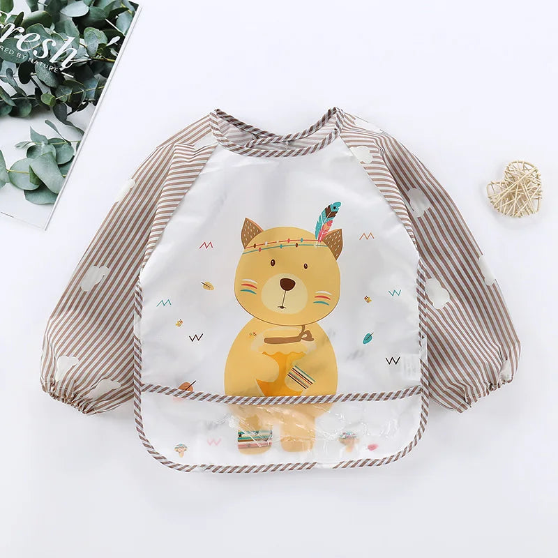 Waterproof Cartoon Baby Bib – Long Sleeve Feeding Apron with Pocket for 0–3Y