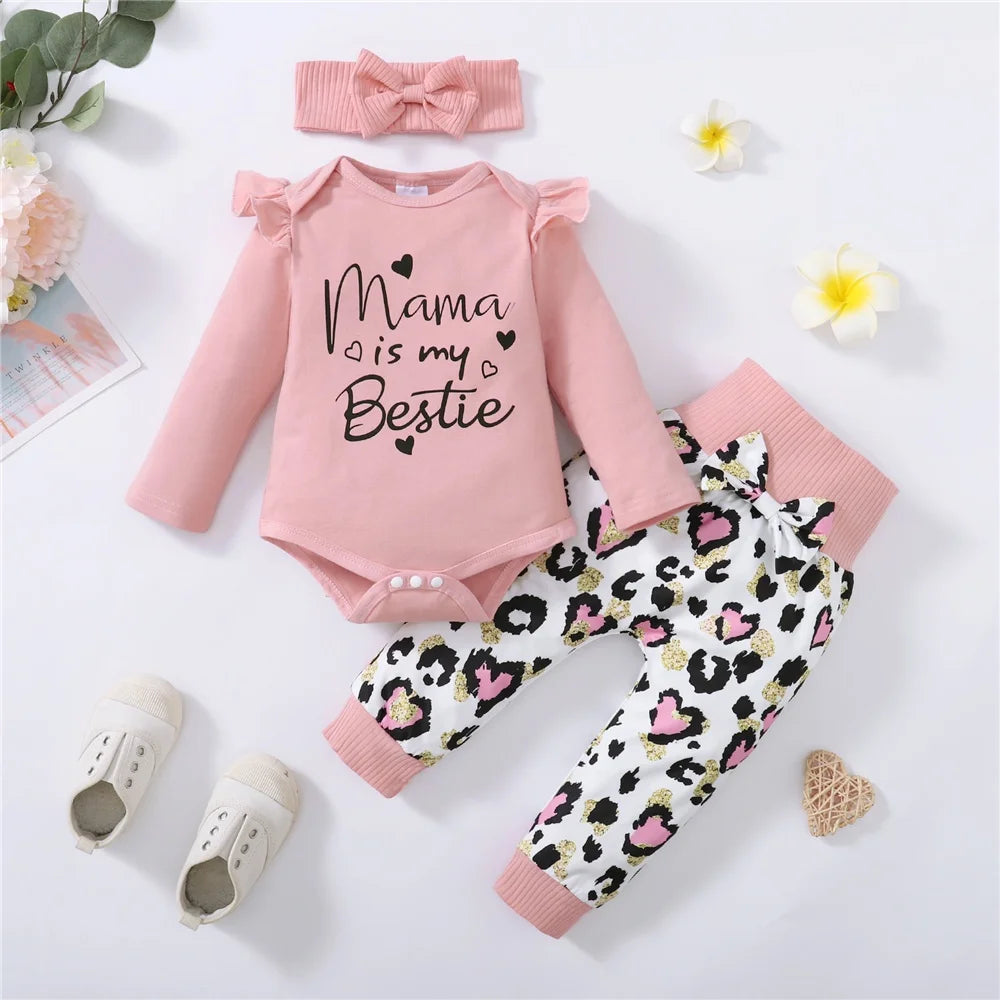 3PCS Mama Print Baby Girl Outfit – Long Sleeve Romper, Heart Pants & Headband Set